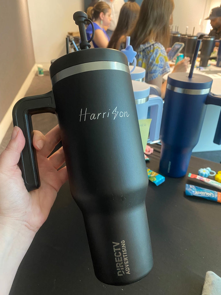Brand Activation Hand Engraving: Personalized Metal Tumblers with DirectTV in NYC