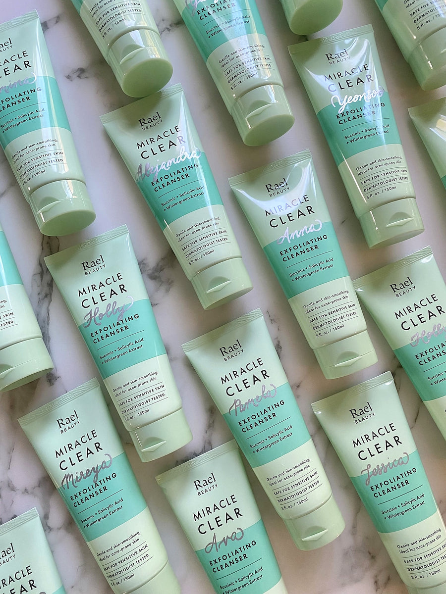 Collection of Rael Beauty skincare cleansers featuring personalized silver calligraphy for a brand activation.