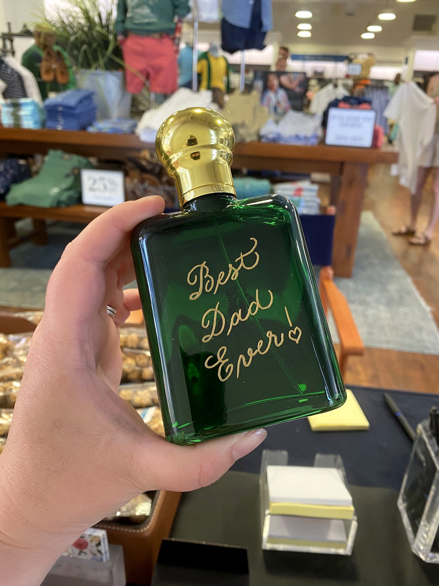 Green Ralph Lauren cologne bottle featuring custom engraved lettering for a personalized Father's Day gift.
