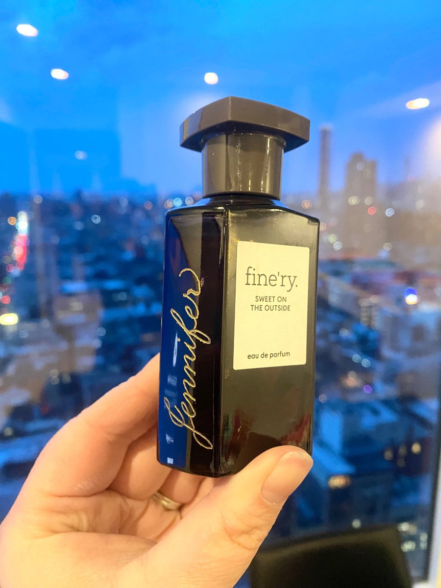 Custom Fine'ry perfume bottle with gold calligraphy lettering by The Poppy Pen, an NYC calligrapher specializing in live event personalization.