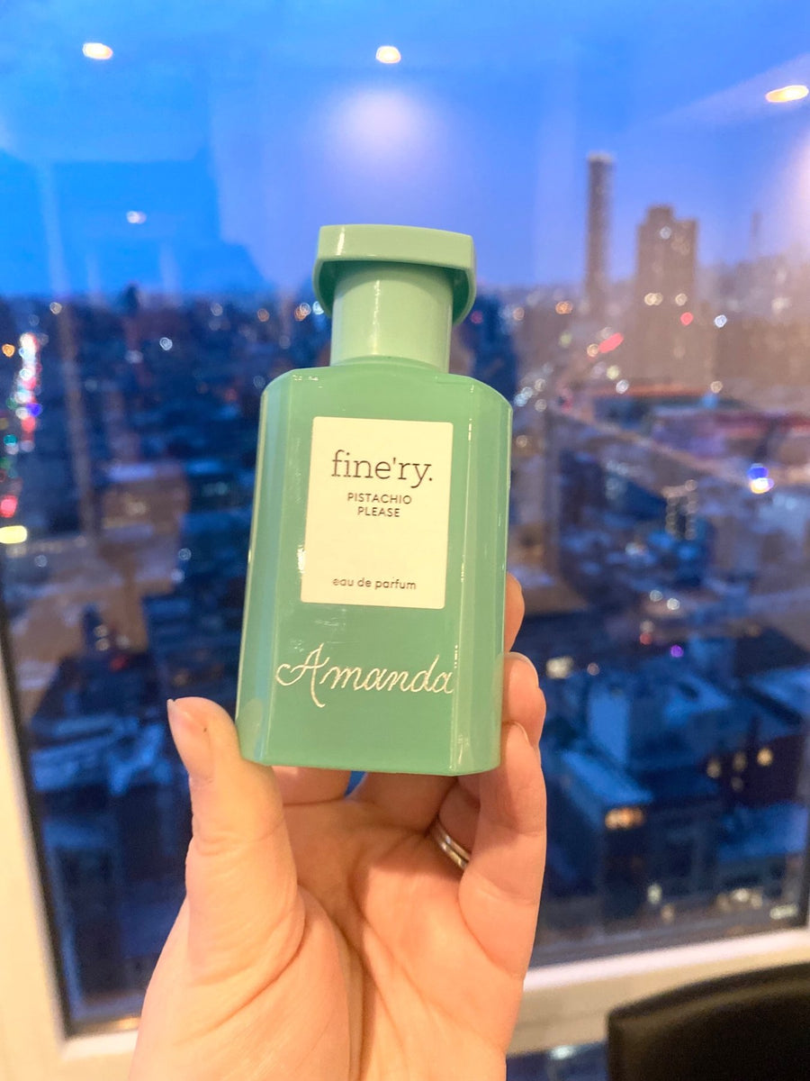 Fine'ry Pistachio Please fragrance bottle personalized with elegant hand lettering by The Poppy Pen, offering live perfume engraving in NYC.