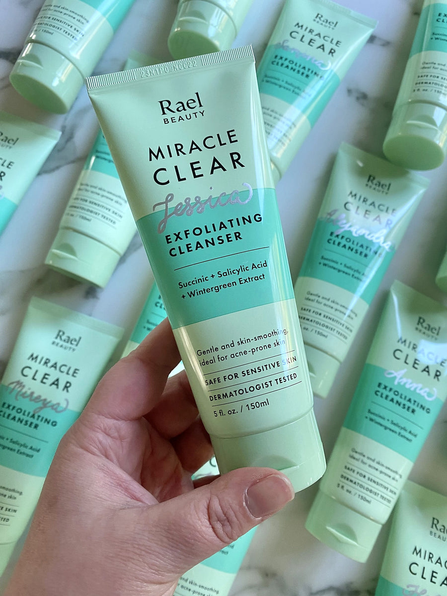 Personalized Rael Beauty exfoliating cleanser with custom silver lettering, created for an influencer brand event.