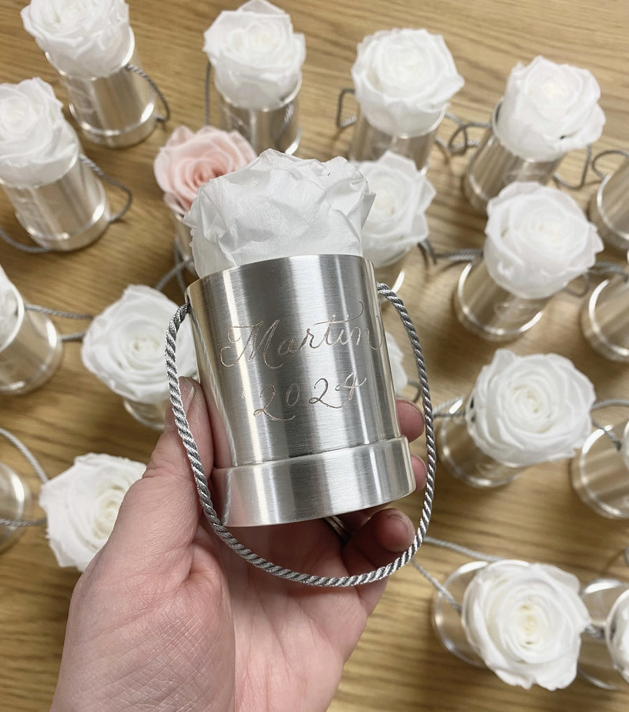 Custom engraved silver Venus et Fleur rose holder featuring elegant handwritten personalization