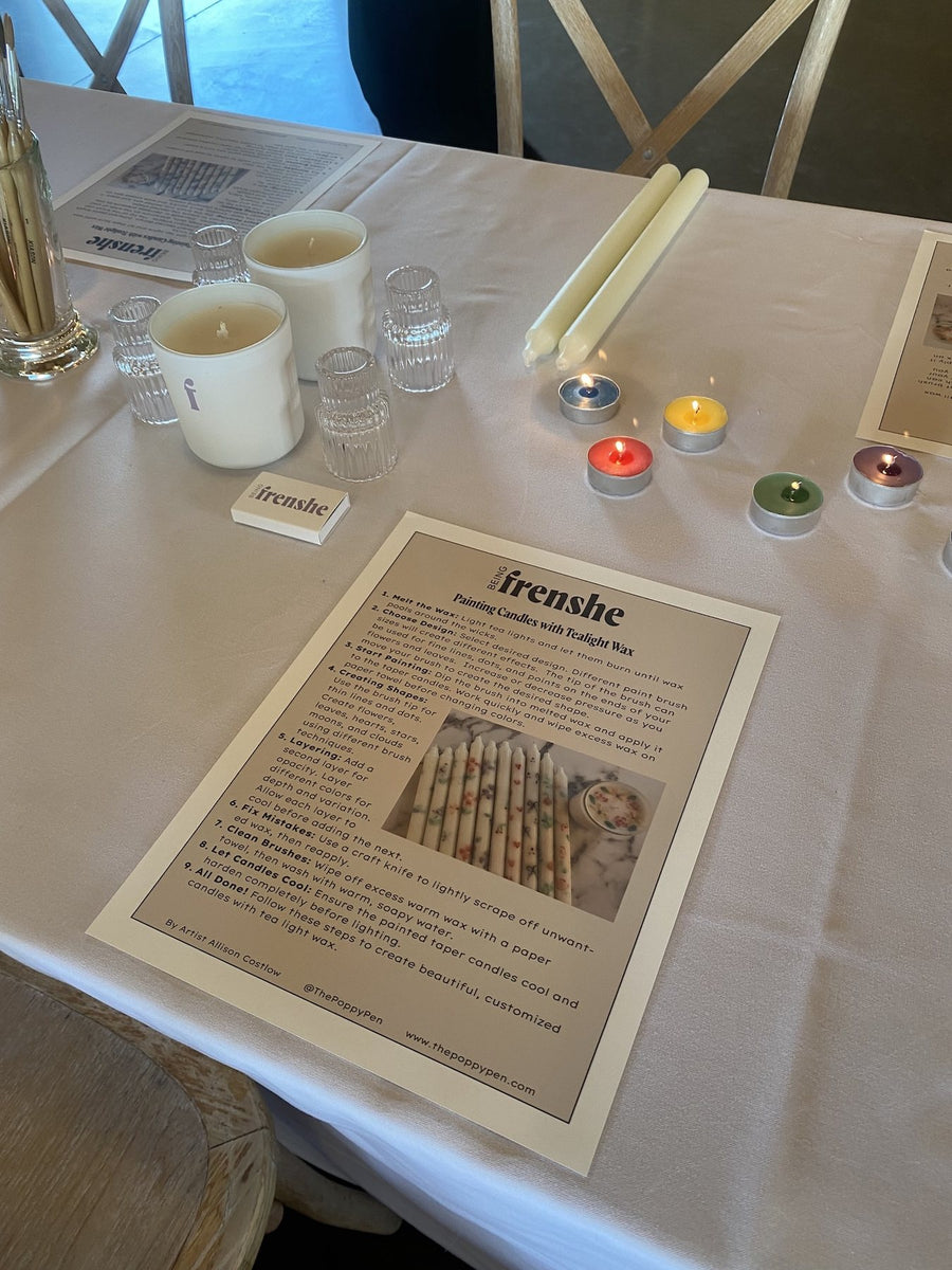 Custom-designed candle painting instruction guide and workshop materials created by The Poppy Pen for Being Frenshe.